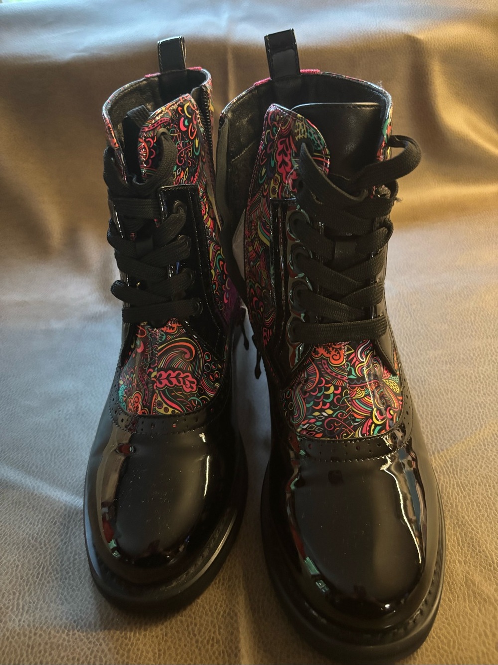 Women’s Black Patent Lace-Up Ankle Boots with Multicolor Paisley Panels